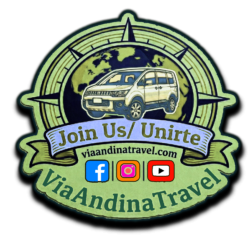 Via Andina Travel sticker badge featuring an overland 4x4 camper van, a globe, and a compass rose.