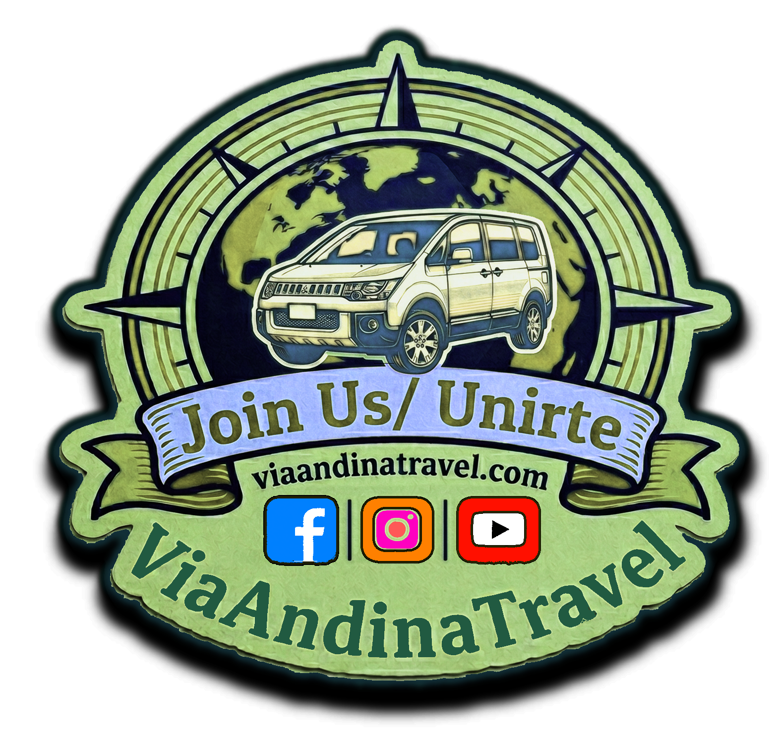 Via Andina Travel sticker badge featuring an overland 4x4 camper van, a globe, and a compass rose.